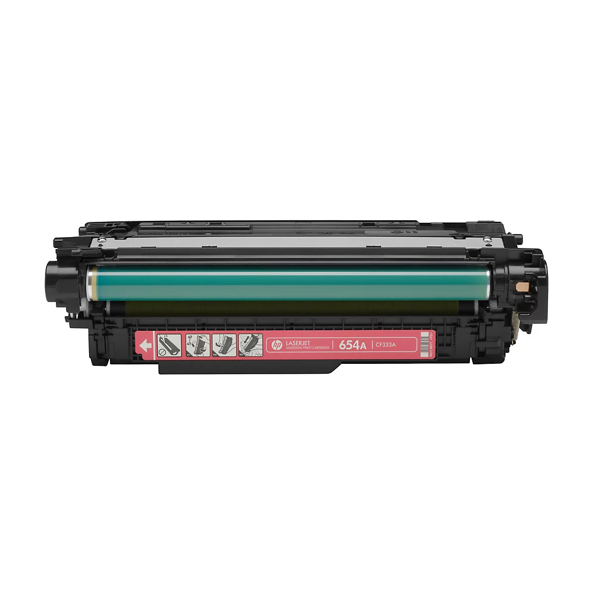 HP 654A Magenta Toner Cartridge vor weißem Hintergrund. Auf der rosa Markierung sind die Anweisungen zum Einsetzen abgebildet, die HP-Marke und die Produktinformationen.