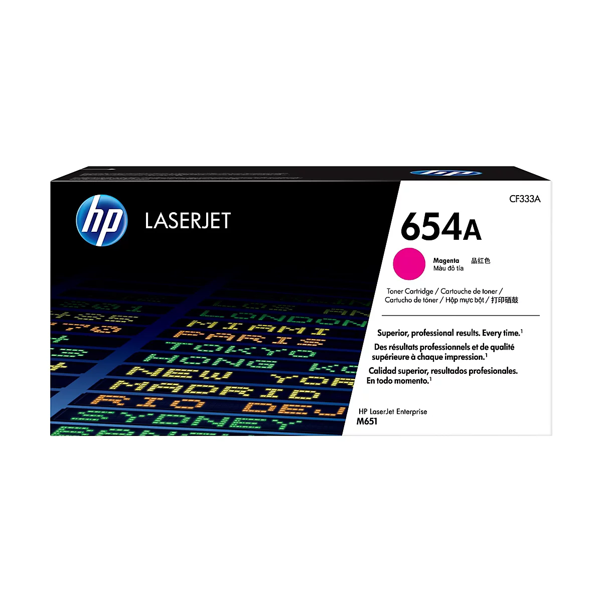 Eine HP LaserJet Toner-Kartusche 654A mit Schriftzügen und einer Magenta-Farbmarkierung.