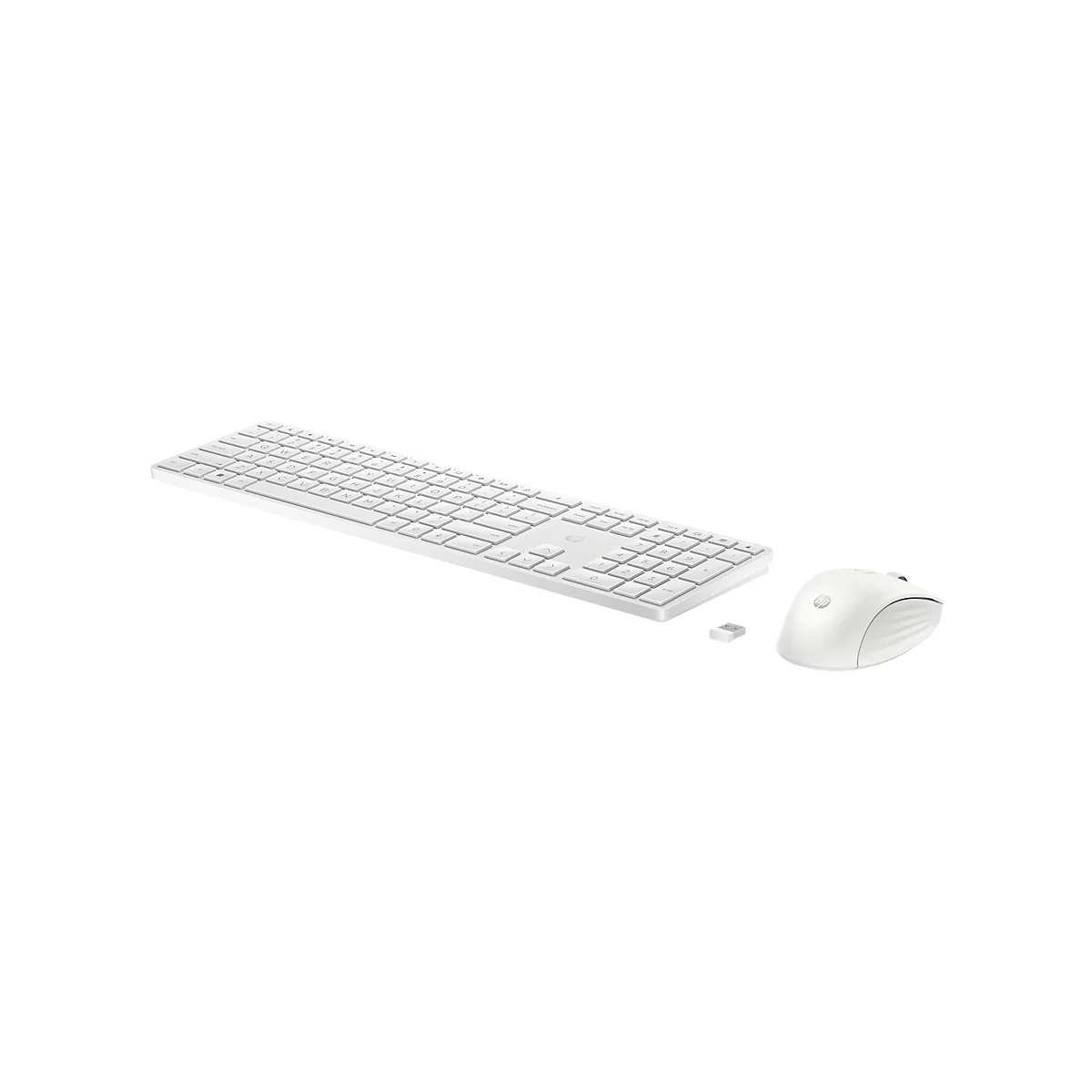 Weißes, kabelloses HP Tastatur- und Maus-Set mit kleinem USB-Empfänger auf weißem Hintergrund.