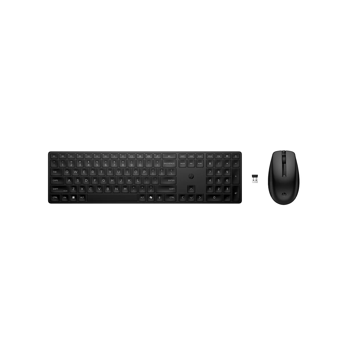 Vue de dessus d'un ensemble clavier et souris HP noirs avec dongle USB sur fond blanc.
