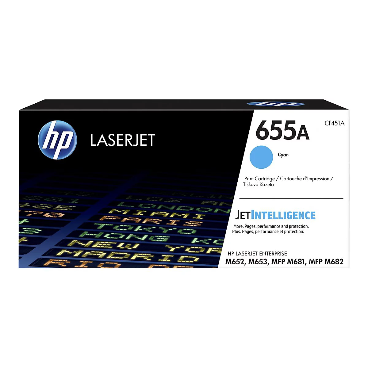 HP Laserjet Tonerpatrone. Schwarzer Karton mit weißer Schrift und blauem HP Logo. Aufschrift 655A und Cyan.