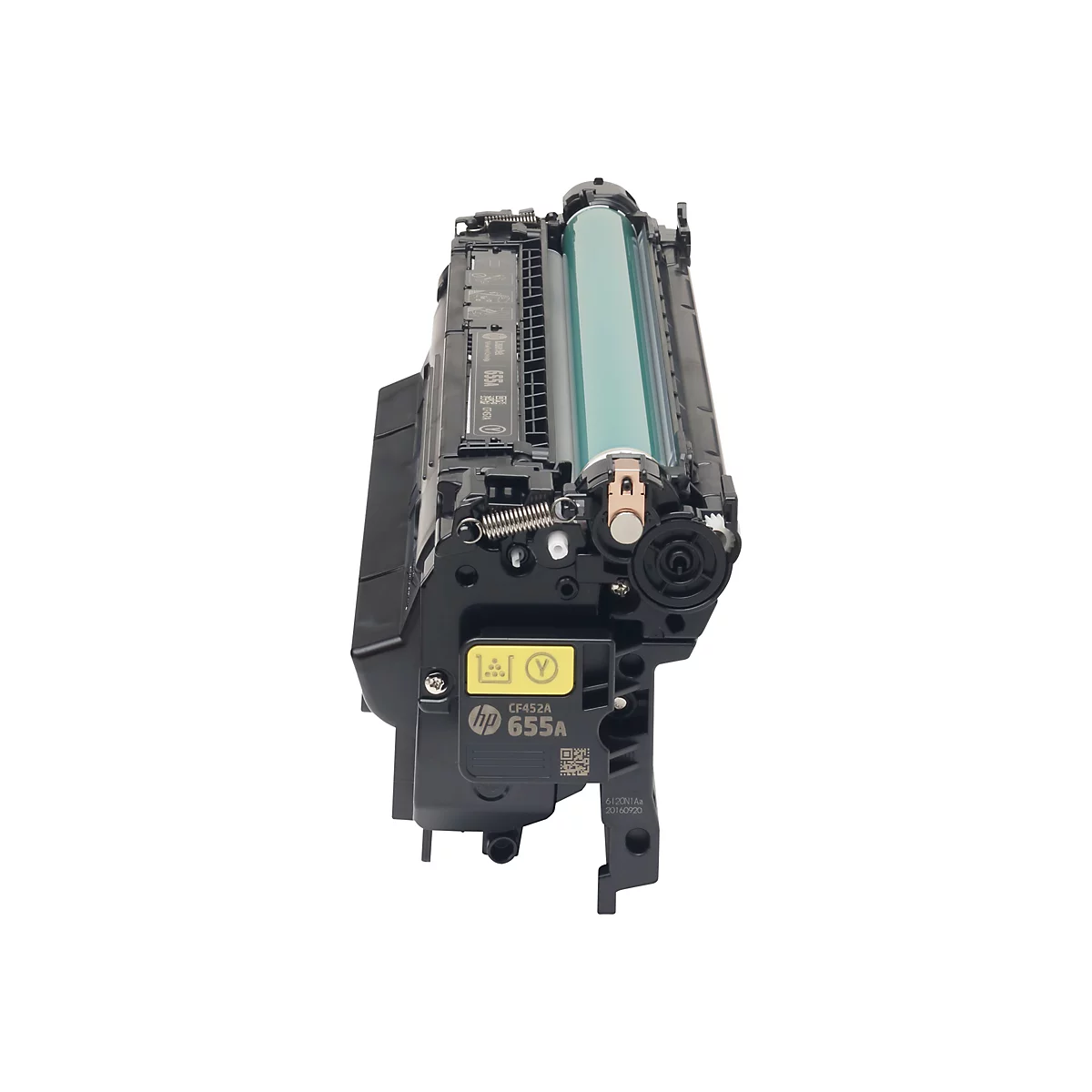 Schwarze HP CF452A 655A Tonerkartusche. Mit gelben Details und Textaufdrucken. Auf weißem Hintergrund.