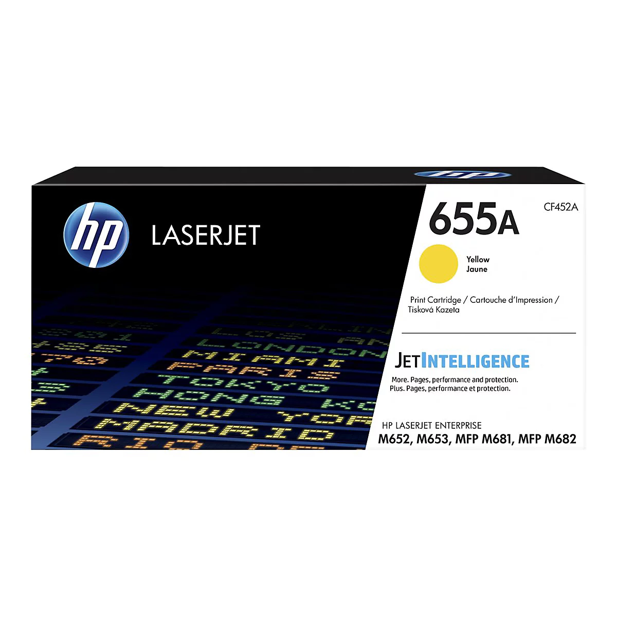 Eine HP Laserjet-Druckerpatrone 655A in Gelb auf schwarzem Hintergrund. Beschriftungen sind in Englisch, Französisch und Tschechisch.