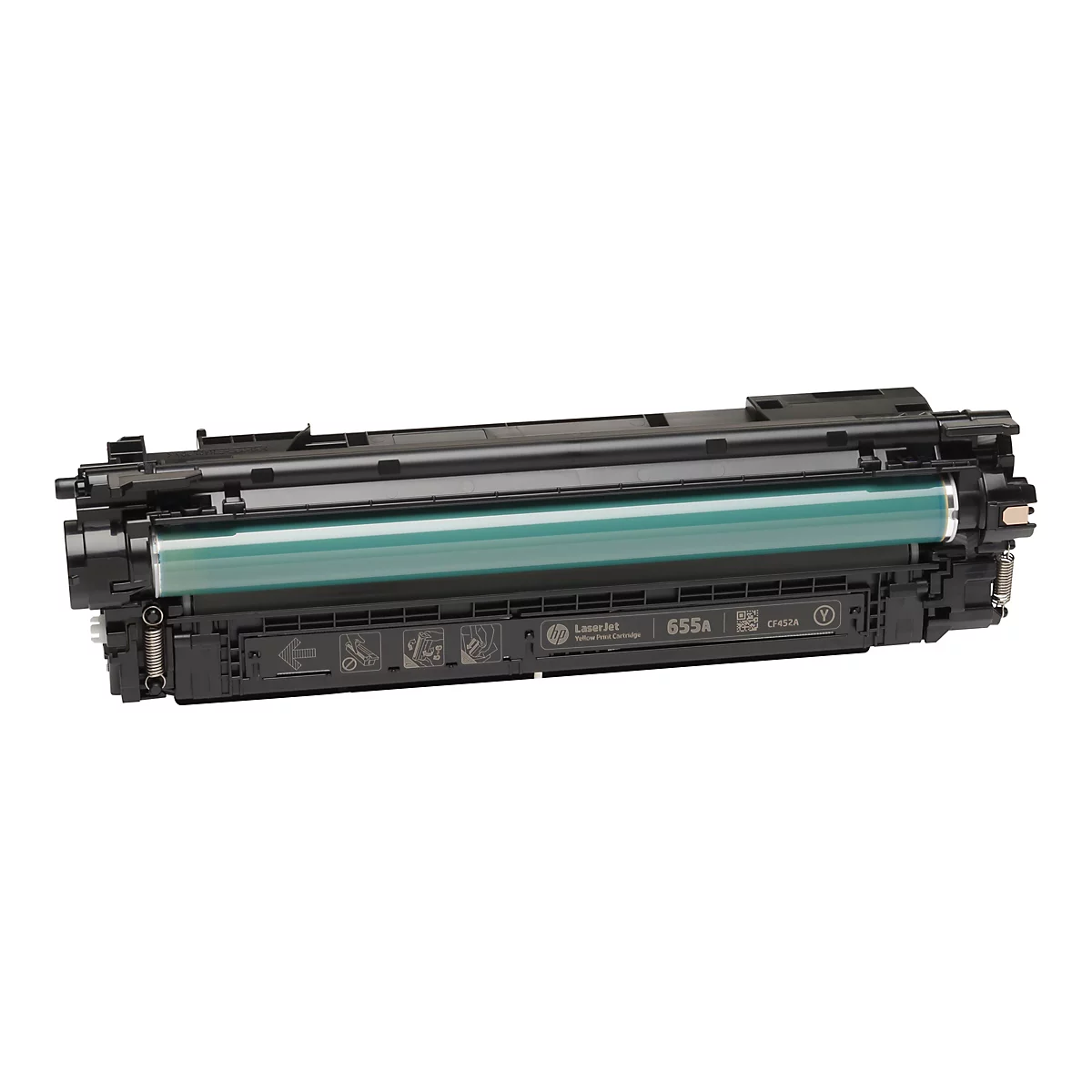 Schwarz-gelbe Tonerkartusche, HP Laserjet 655A. Aufschrift: Yellow Print Cartridge, CF452A.
