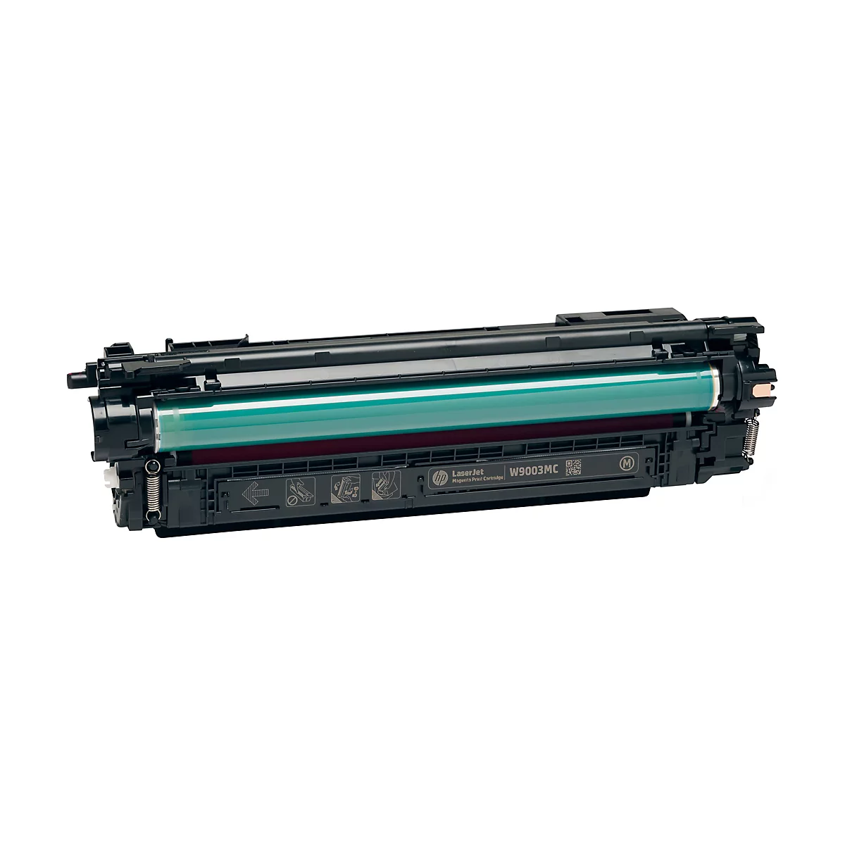 Schwarze HP Laserjet Tonerkartusche mit grünem Zylinder. Aufschrift: W9003MC.