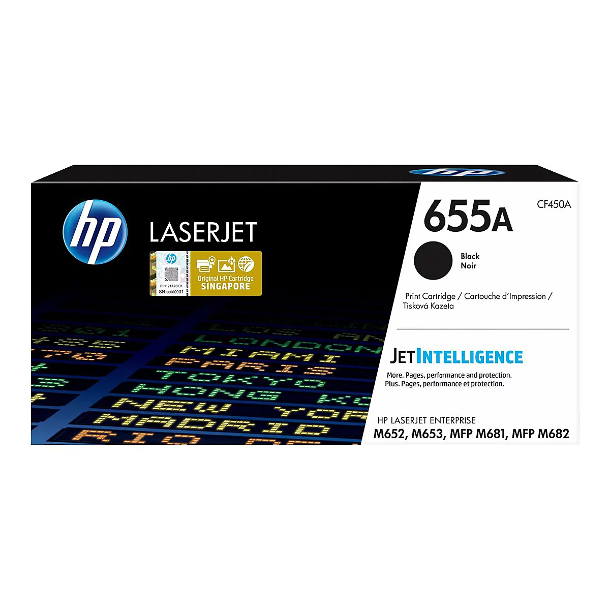 Schwarze HP-Lasertonerpatrone 655A. Aufdruck: Black. Texte: LaserJet, JetIntelligence und Modellnummern.