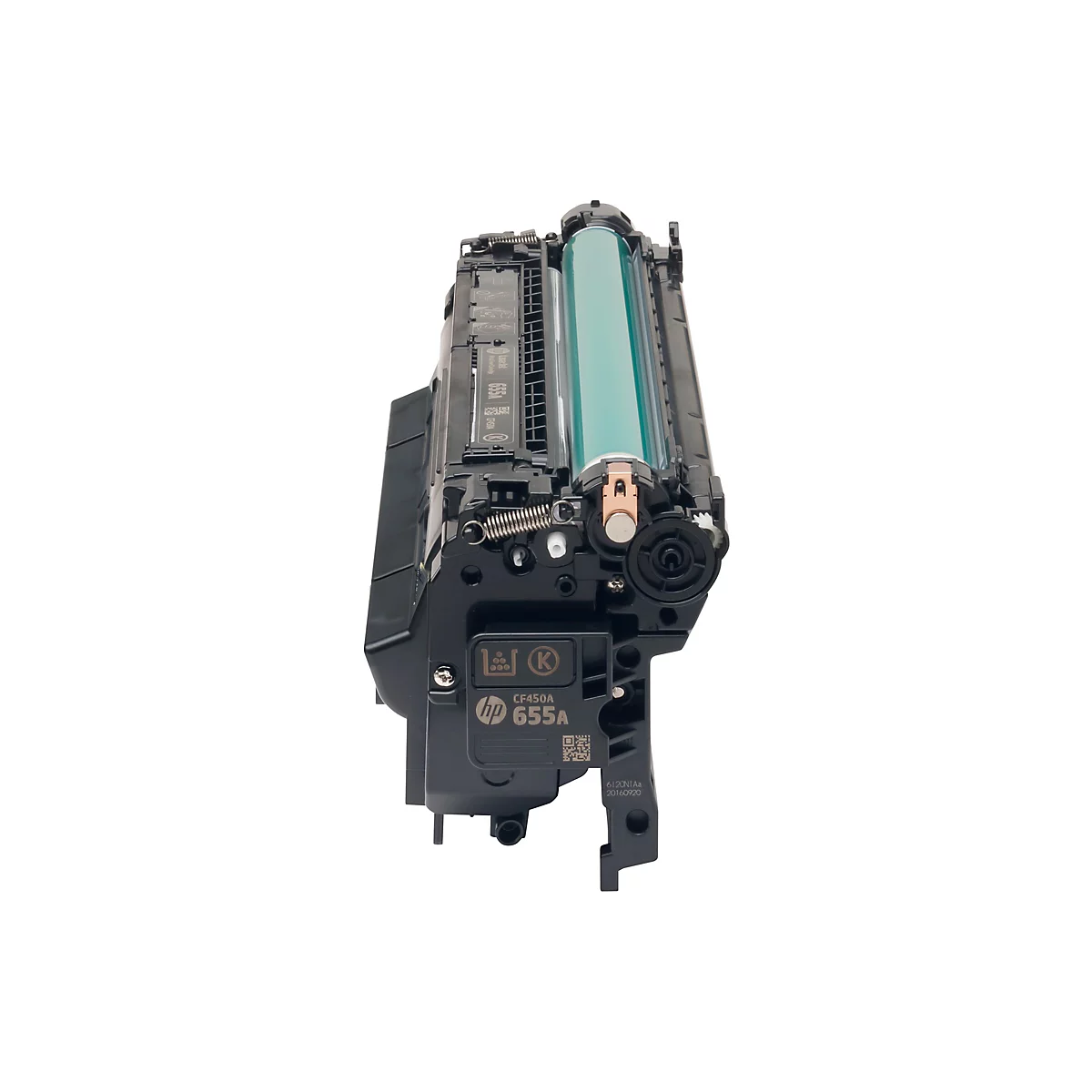 Schwarze HP 655A Toner-Kartusche im Detail. Ein grüner Zylinder ist im Gehäuse sichtbar, daneben stehen die Angaben CF450A und 655A.
