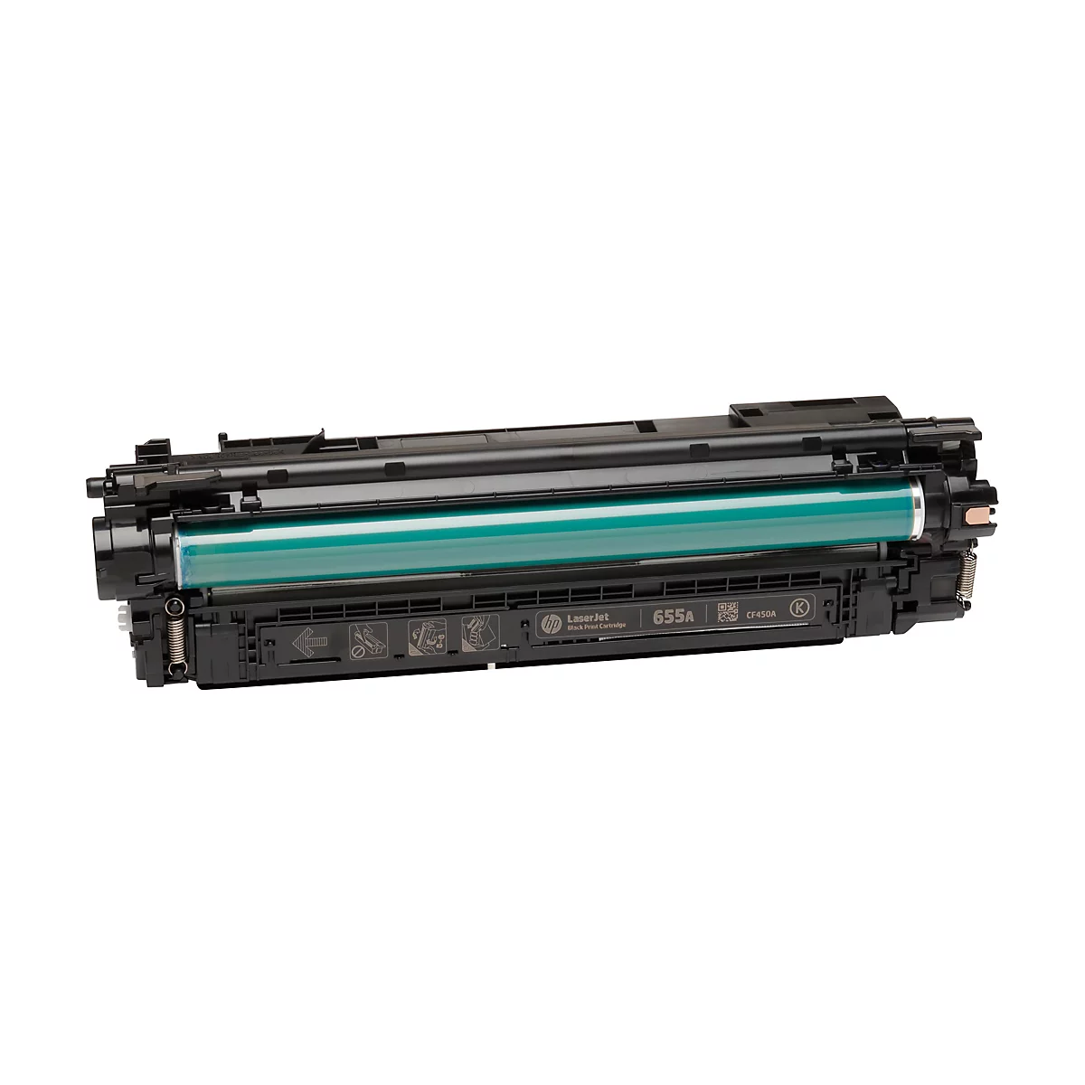 Eine schwarze HP Laserjet Toner-Patrone mit grünem Zylinder auf weißem Hintergrund. Auf der Patrone sind Markierungen und Schriftzüge zu sehen.