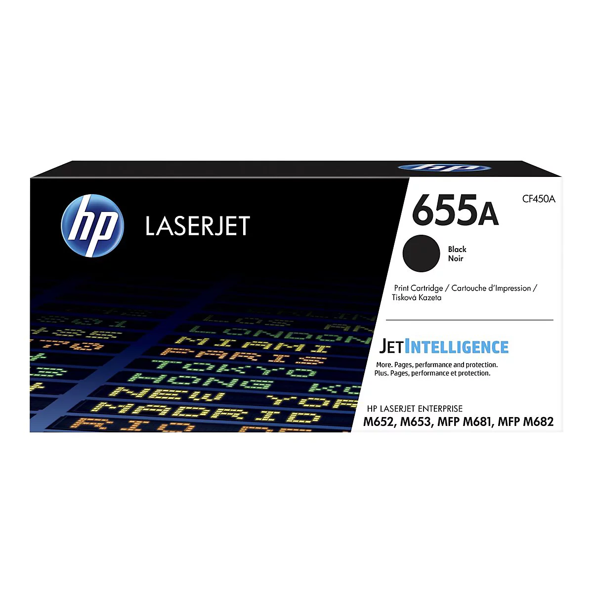Schwarze HP Laserjet Toner-Kartusche 655A. Schwarz, mit Herstellerlogos und Produktbezeichnungen.