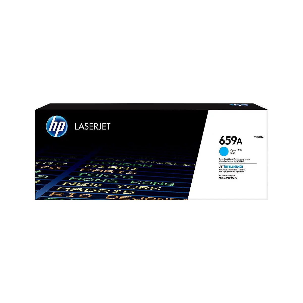 HP LaserJet Toner-Kartusche in schwarzer Verpackung. Aufschrift: 659A, Cyan. Mit Flugziel-Hintergrund.