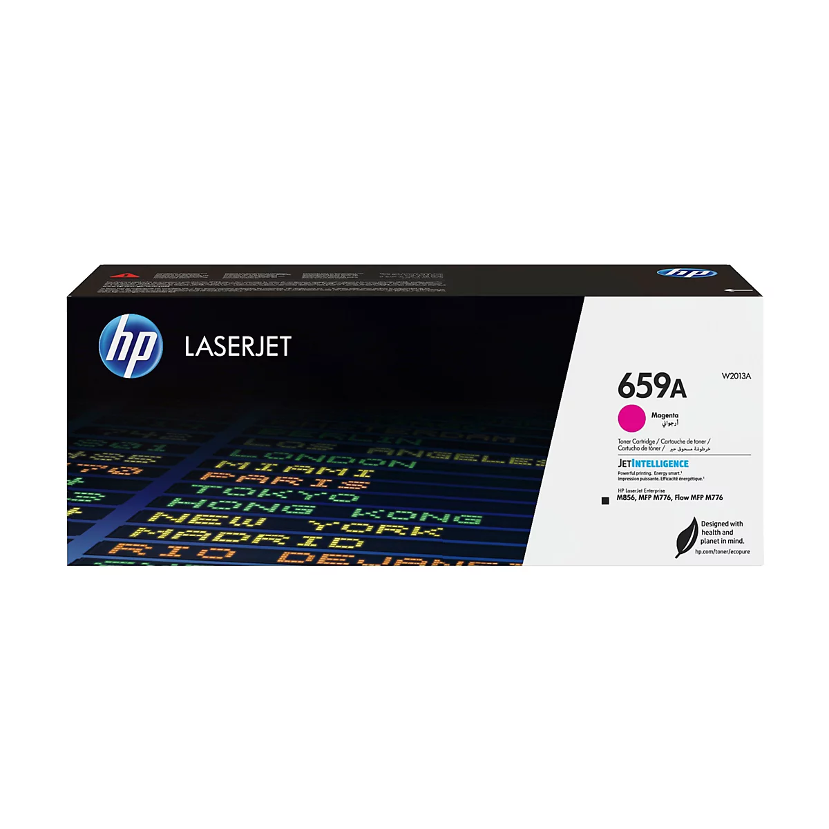 Ein schwarzer Druckerzubehörkarton von HP. Der Karton zeigt eine grüne Anzeigetafel mit Städtenamen, HP-Logo, Produktbezeichnung und technischen Daten.