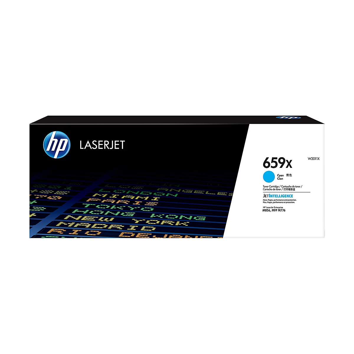 Eine HP Laserjet Tonerkartusche, Cyan. Aufdrucke beinhalten „659X“ und „W2011X“. Im Hintergrund ein Anzeigefeld mit Stadtcodes.