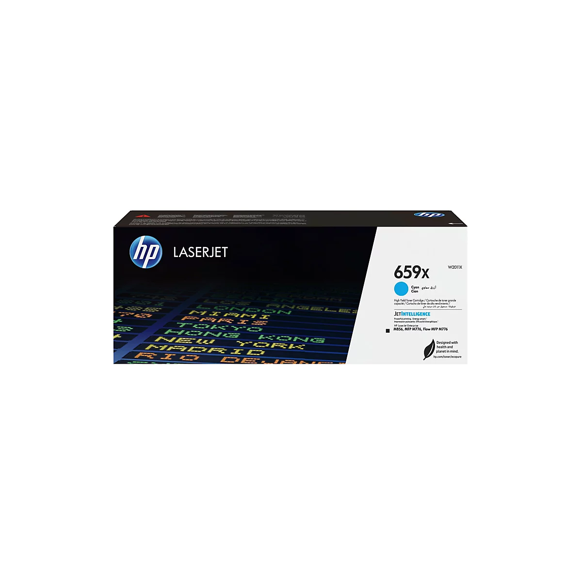 Blau-schwarzer HP-Toner. Aufschrift: "LASERJET, 659x Cyan". Hintergrund mit Städtenamen.