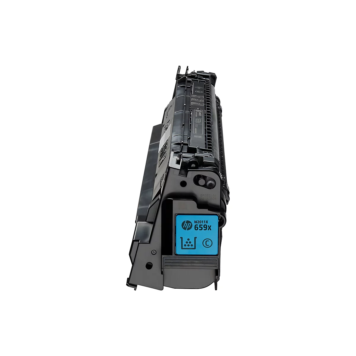Eine schwarze HP Druckerpatrone auf weißem Hintergrund. Auf einer blauen Oberfläche sind der Produktname und das HP-Logo zu sehen.