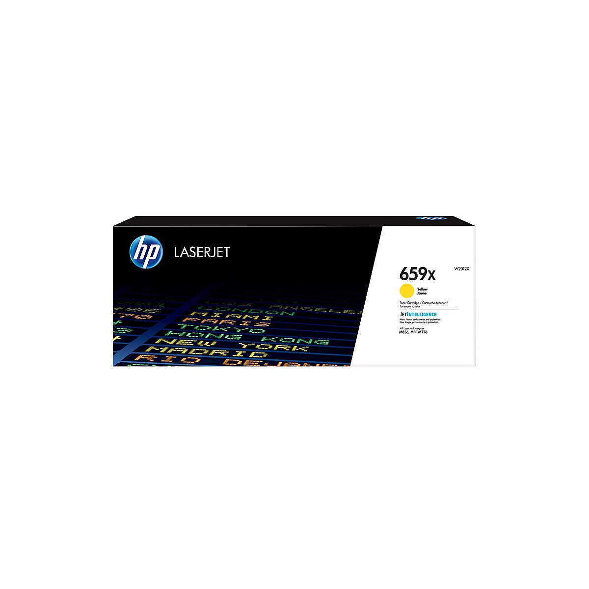 Schwarze HP LaserJet Tonerpatrone mit gelber Markierung, Text und HP Logo.