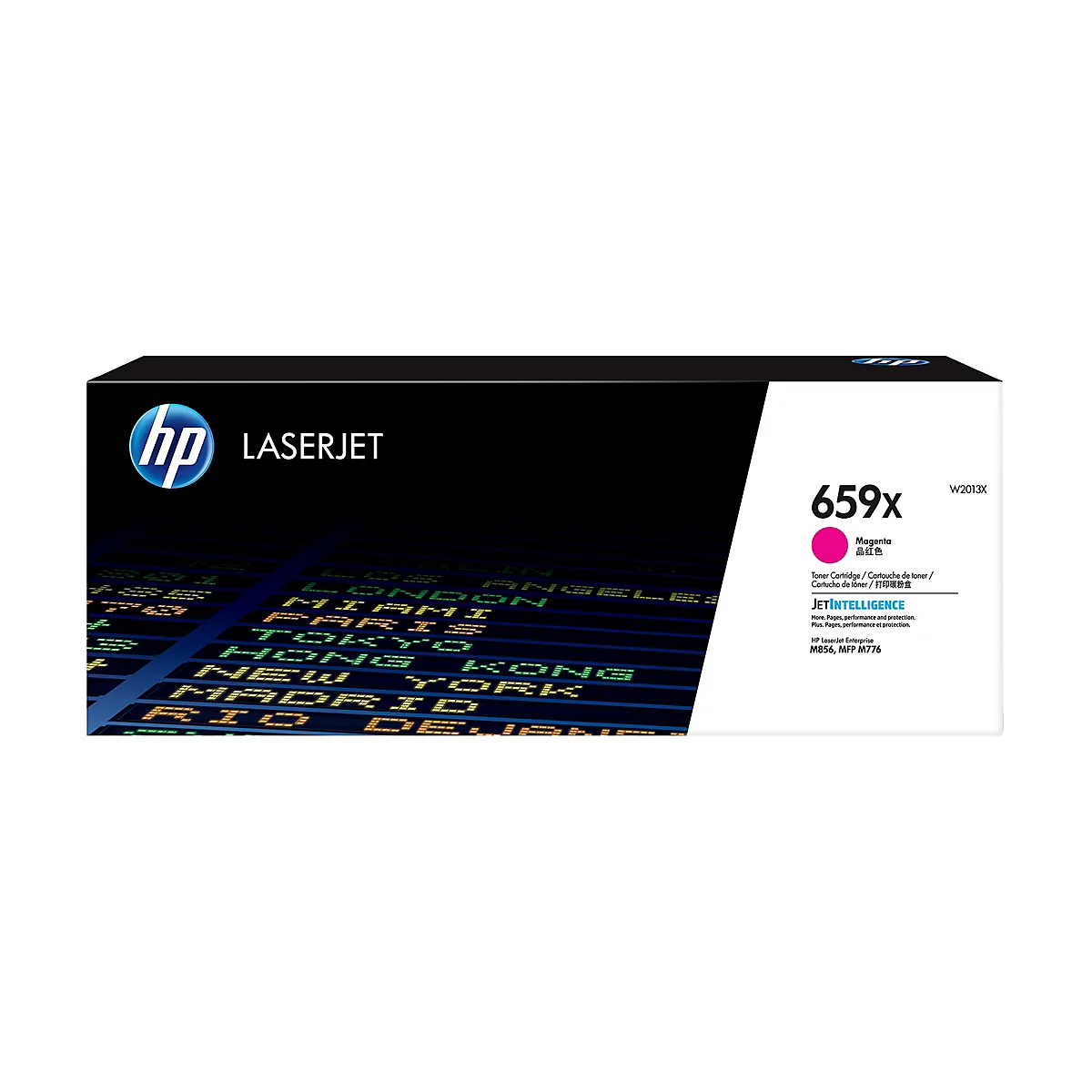 Eine schwarze HP LaserJet Toner-Kartusche mit Logo, Text und einem Magenta-Kreis. Auf dem Hintergrund ein Flughafen-Anzeigetafel-Design.