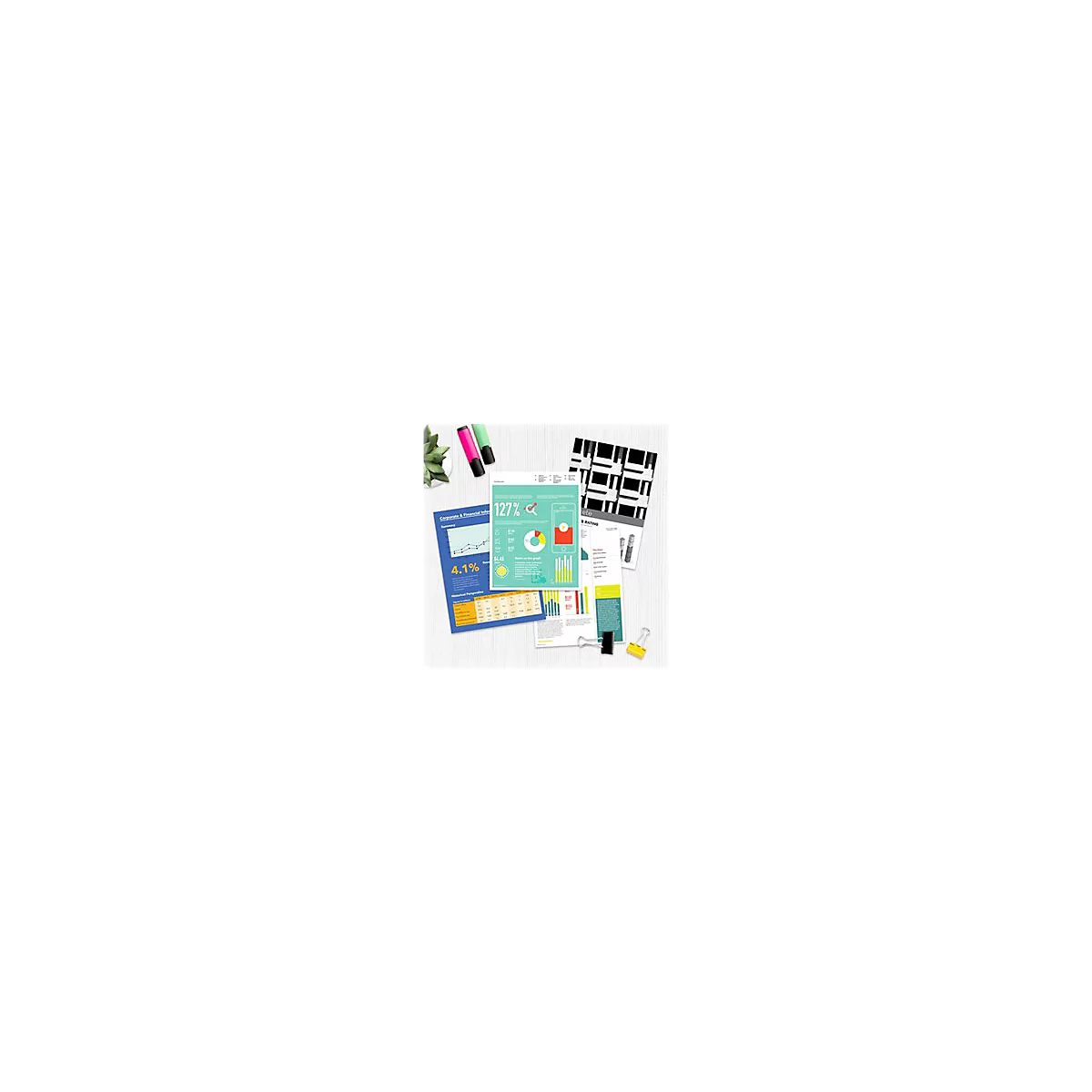 Draufsicht auf Dokumente mit Grafiken und Diagrammen, Textmarkern und BÃ¼roklammern. Visuelle Darstellung von Daten, Analysen und PrÃ¤sentationen.