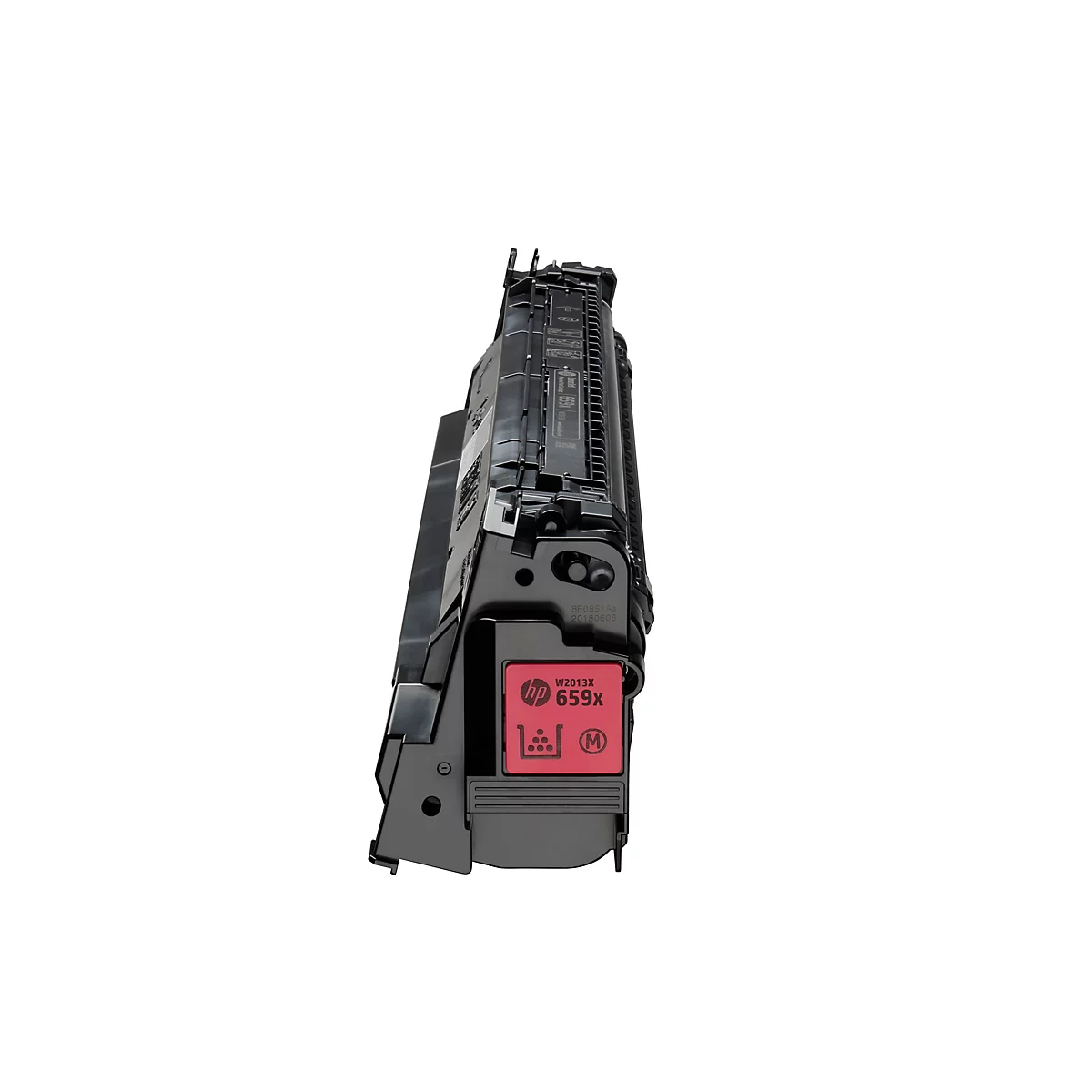 Ein schwarzer Drucker-Toner mit rosa Detail, HP-Logo, Text: W2013X, 659X. Auf hellem Hintergrund.