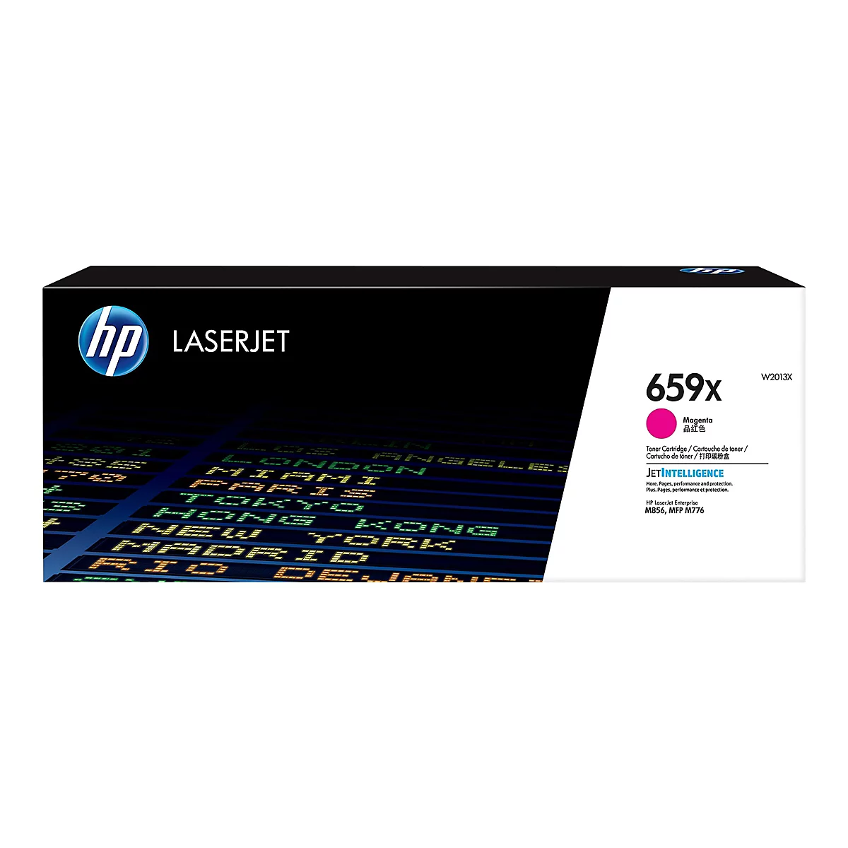 Schwarzer HP LaserJet Toner, mit Logos, Produktbezeichnungen und einer Anzeige von Städten aus aller Welt im Hintergrund.