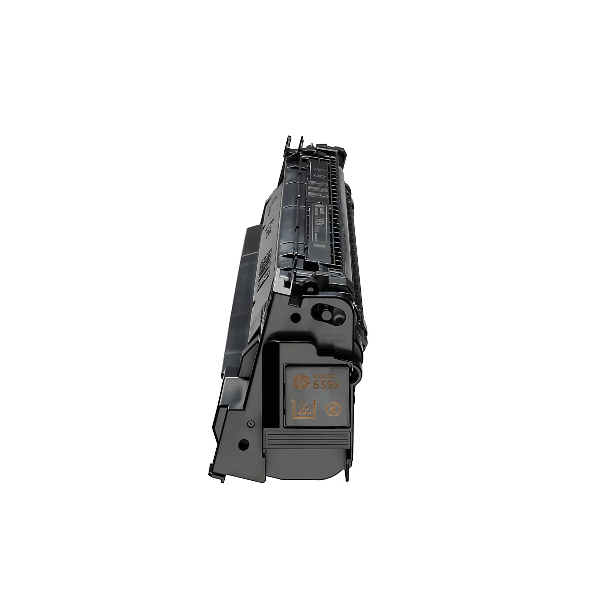 Schwarze HP Tonerkartusche, seitlich aufgenommen, auf weißem Hintergrund. Produktcode: W2010X 659X.