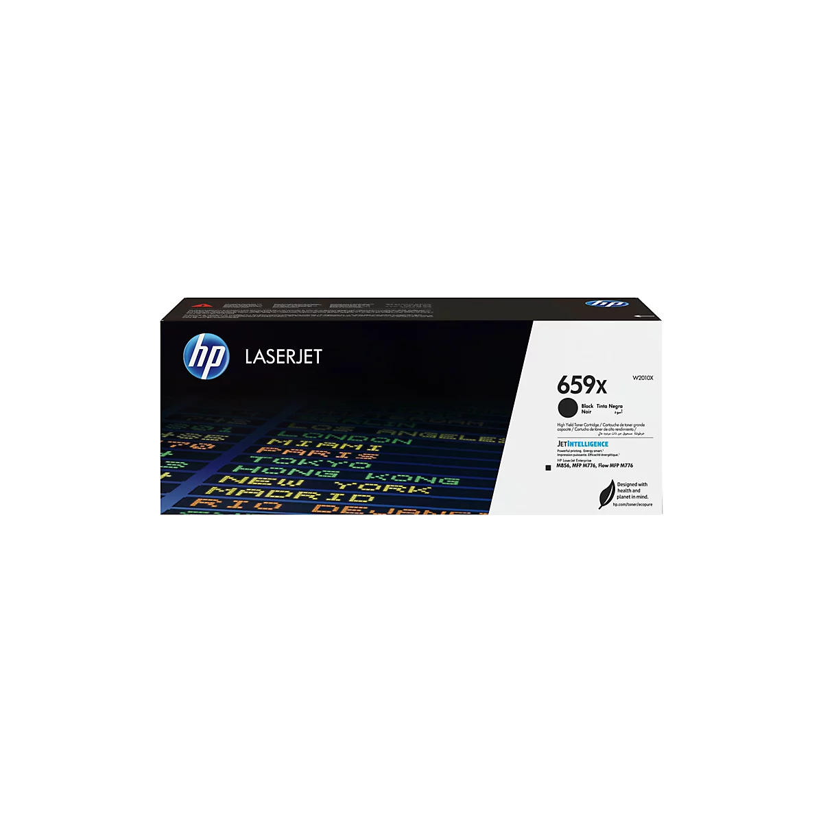 Eine schwarze HP LaserJet Toner-Kartusche in ihrer Verpackung, mit Produktbezeichnungen und Logos.