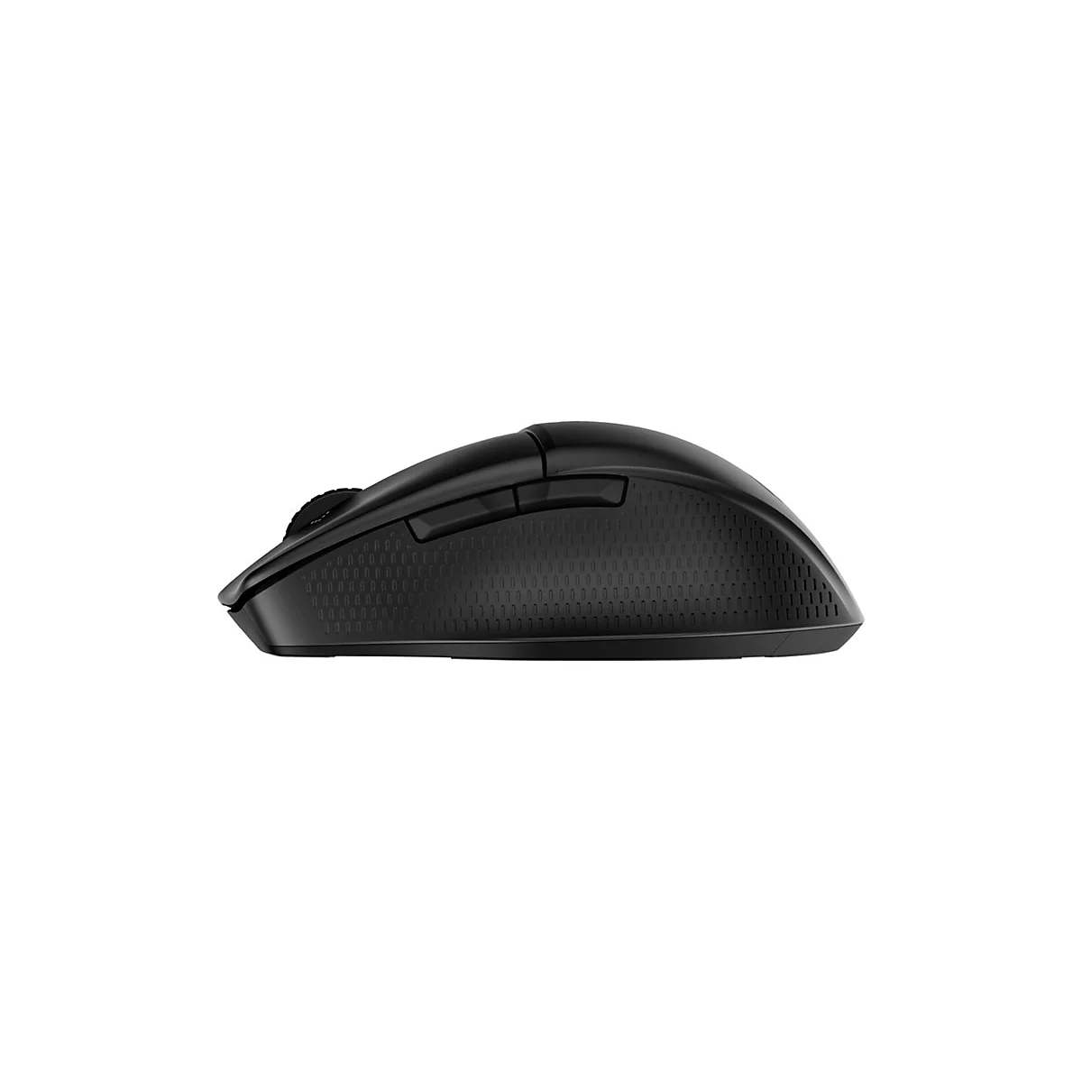 Schwarze, ergonomische Gaming-Maus in Seitenansicht vor weißem Hintergrund.