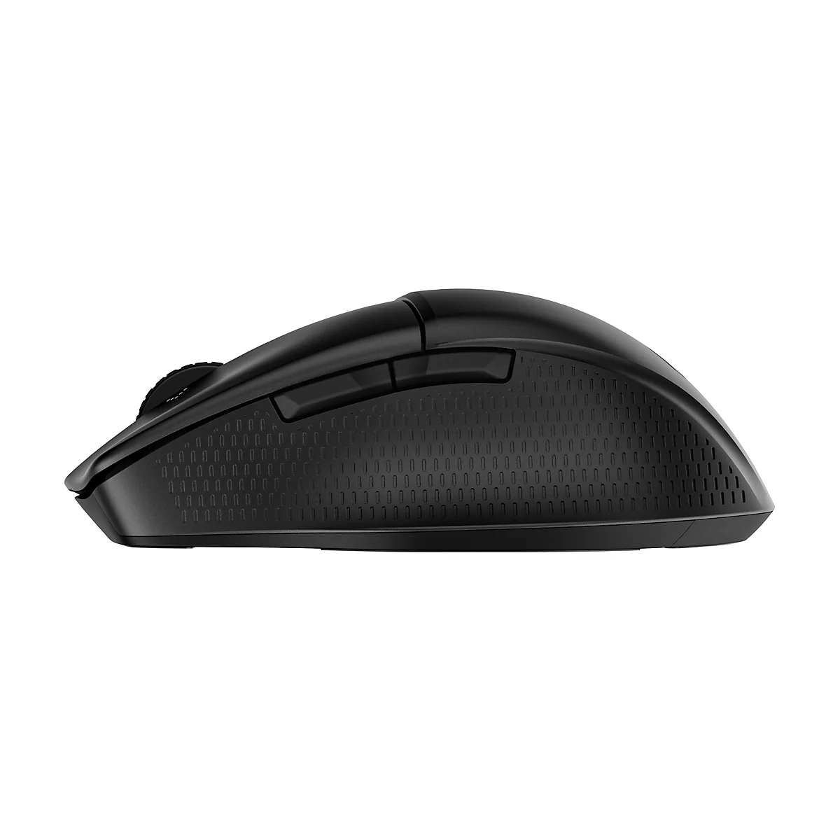 Schwarze Computermaus, Seitenansicht. Tasten, Scrollrad und ergonomische Form erkennbar.