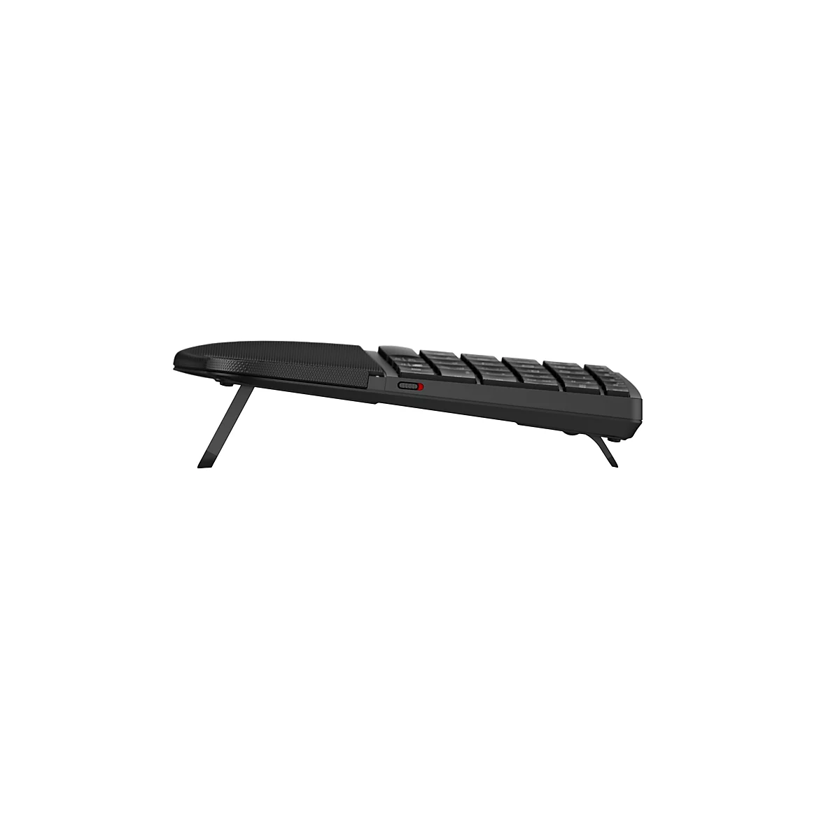 Seitliche Ansicht einer schwarzen Tastatur mit ausklappbarem Standfuß und einer Lautsprecherleiste am hinteren Rand.