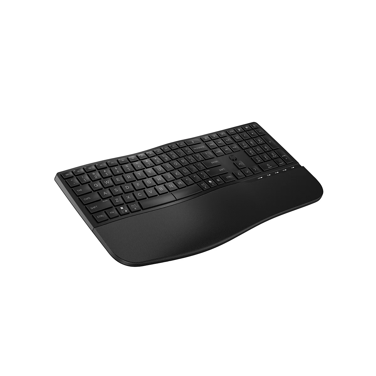 Schwarze, kabellose HP Tastatur mit integrierter Handballenauflage vor weißem Hintergrund.