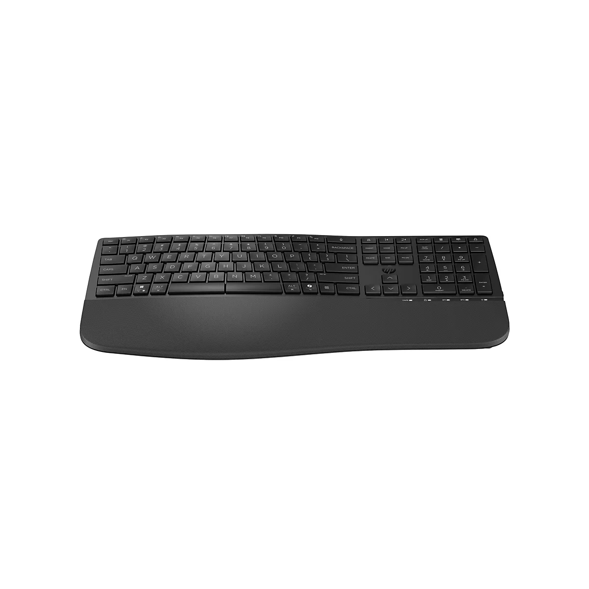 Schwarze kabellose HP Tastatur mit integrierter Handballenauflage vor weißem Hintergrund.