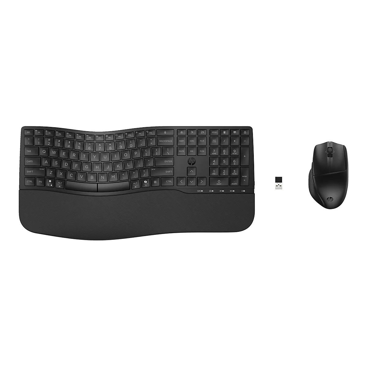 Schwarzes HP Wireless-Tastatur- und Maus-Set mit geschwungenem Design und gepolsterter Handballenauflage.