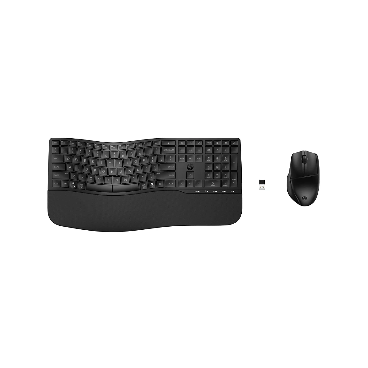 Schwarzes ergonomisches HP Tastatur- und Maus-Set mit USB-Empfänger auf weißem Hintergrund.