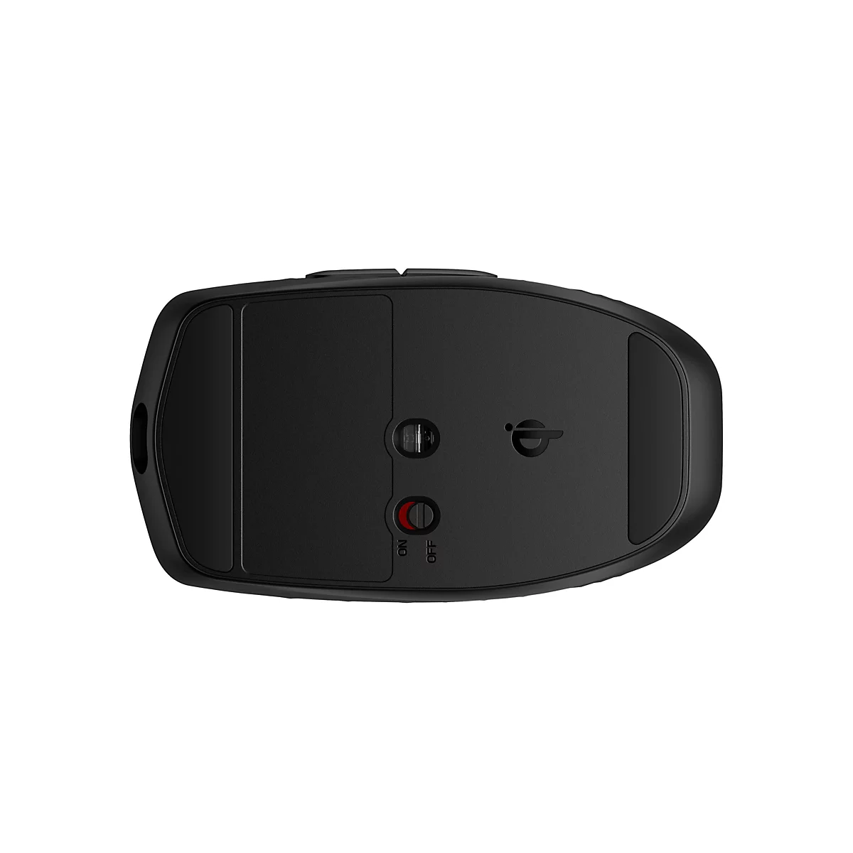 Draufsicht auf eine schwarze kabellose Maus. Auf der Unterseite befinden sich ein Ein-/Ausschalter und ein Logo.