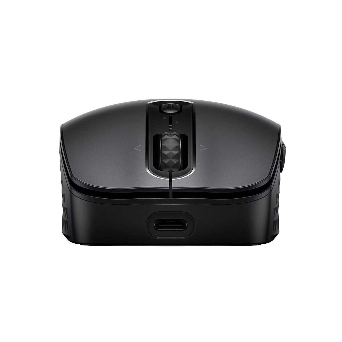 Schwarze kabellose Computermaus in der Vorderansicht mit einem sichtbaren USB-C Ladeanschluss an der Frontseite.