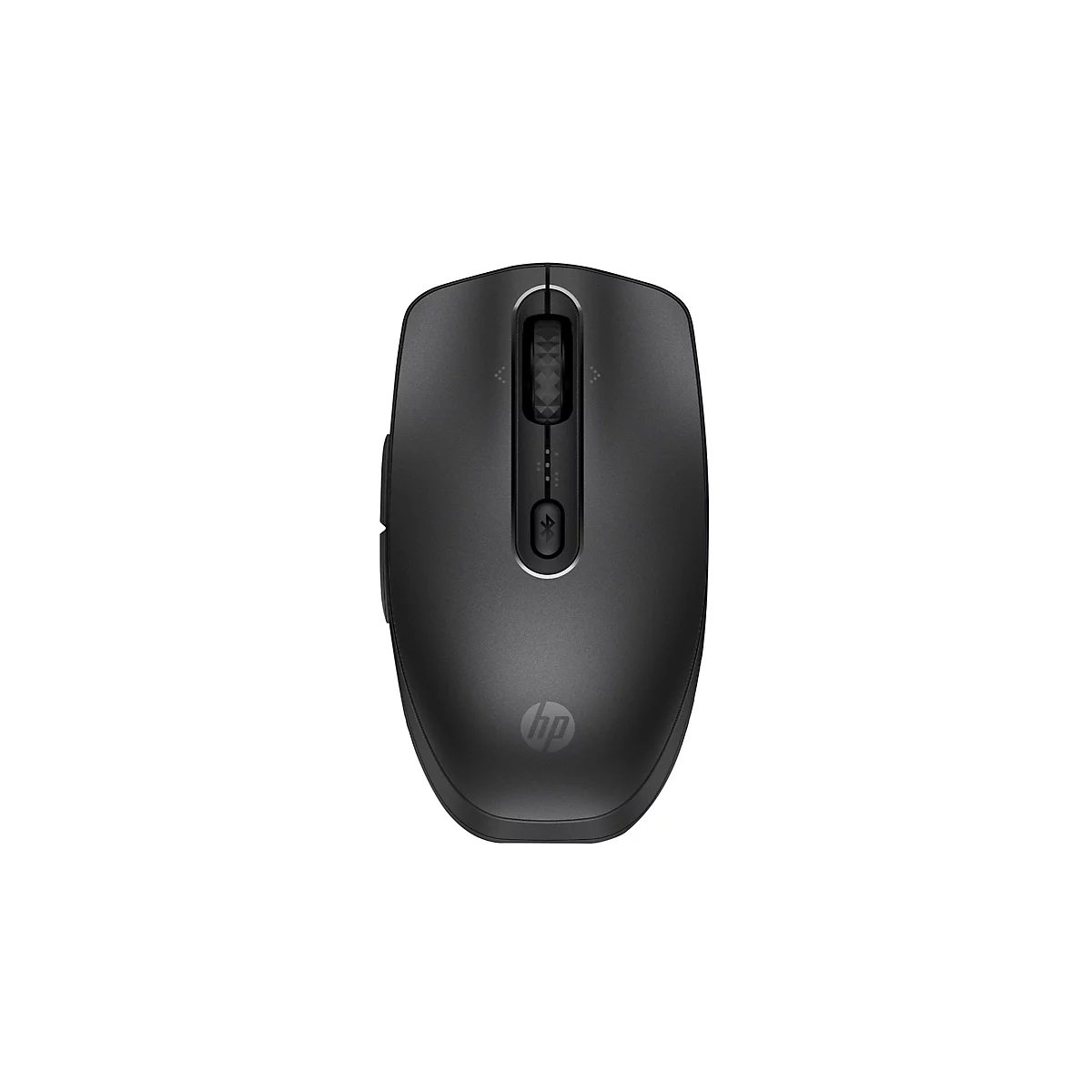 Schwarze kabellose HP-Maus in der Draufsicht vor weißem Hintergrund.