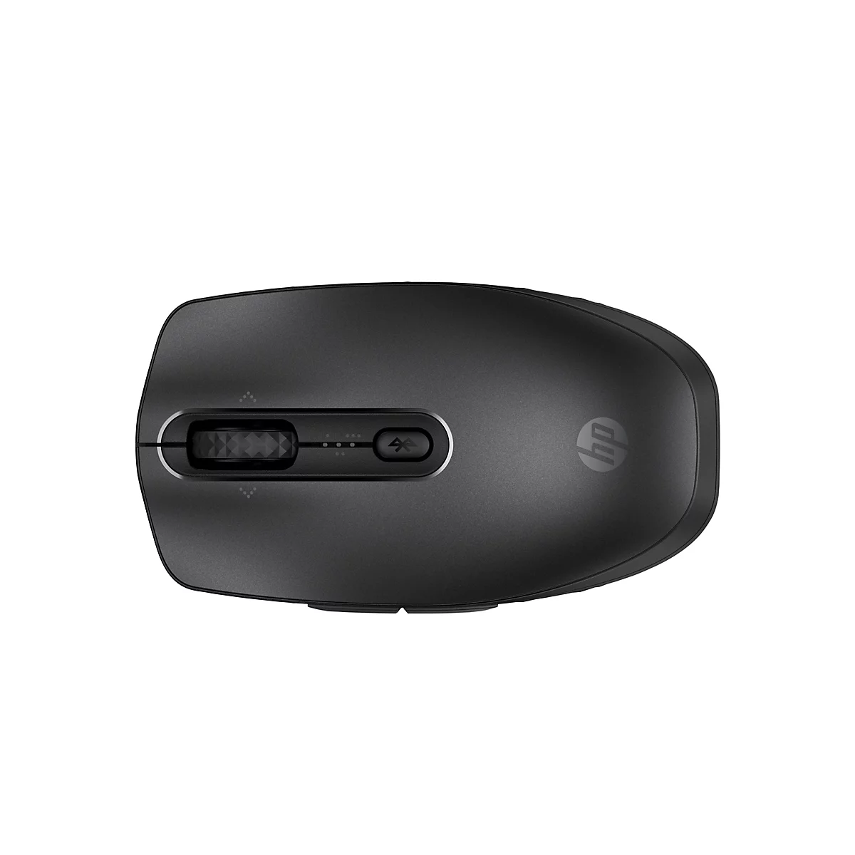 Draufsicht einer schwarzen HP Bluetooth-Maus auf weißem Hintergrund mit Scrollrad und Kopplungstaste.