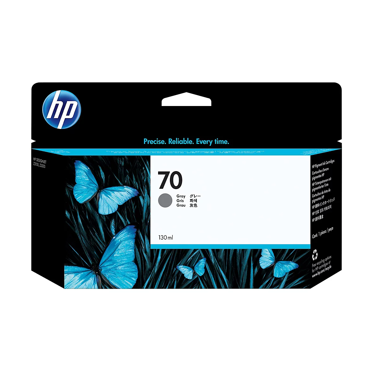 Emballage d'une cartouche d'encre HP 70. La boîte présente des papillons bleus sur fond sombre. L'emballage indique « Gris » et « 70 ».