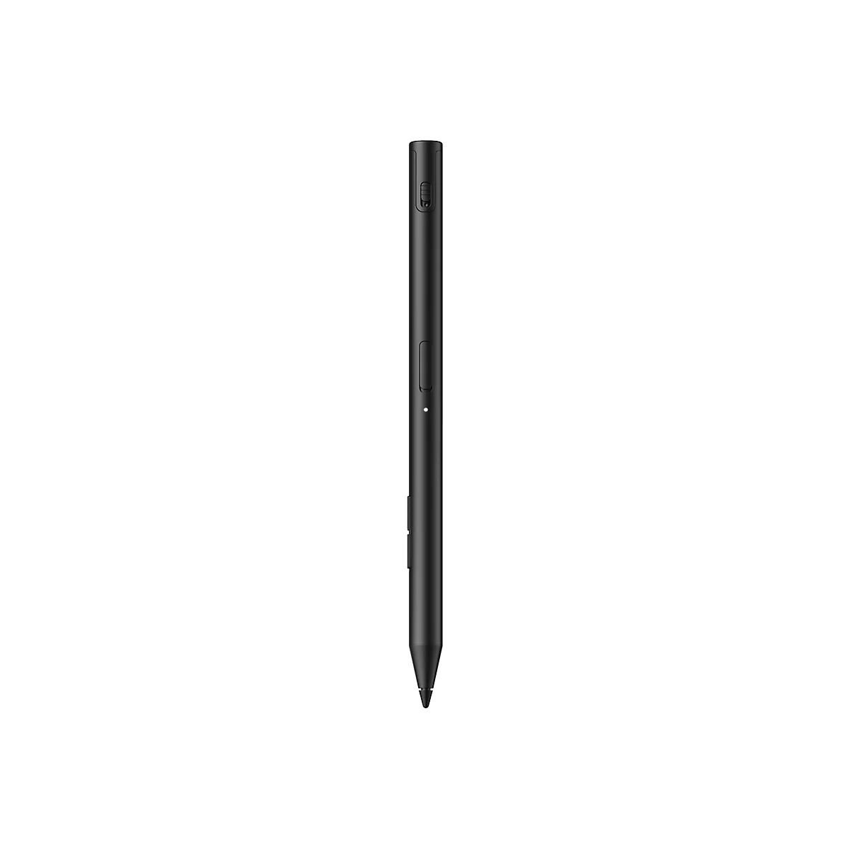 Schwarzer Eingabestift vor weißem Hintergrund. Mit Knöpfen und Spitze.