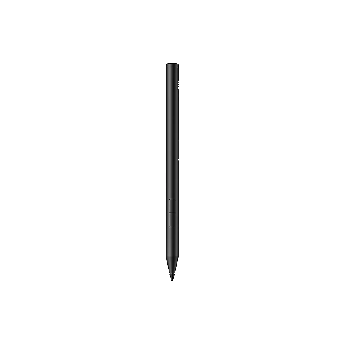 Stylet noir sur fond blanc. Le stylo a une forme cylindrique fine et deux boutons.