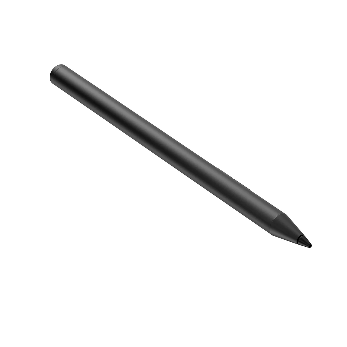 Ein schwarzer, stiftförmiger Eingabestift liegt diagonal auf weißem Grund. Die Spitze ist dunkel und spitz.