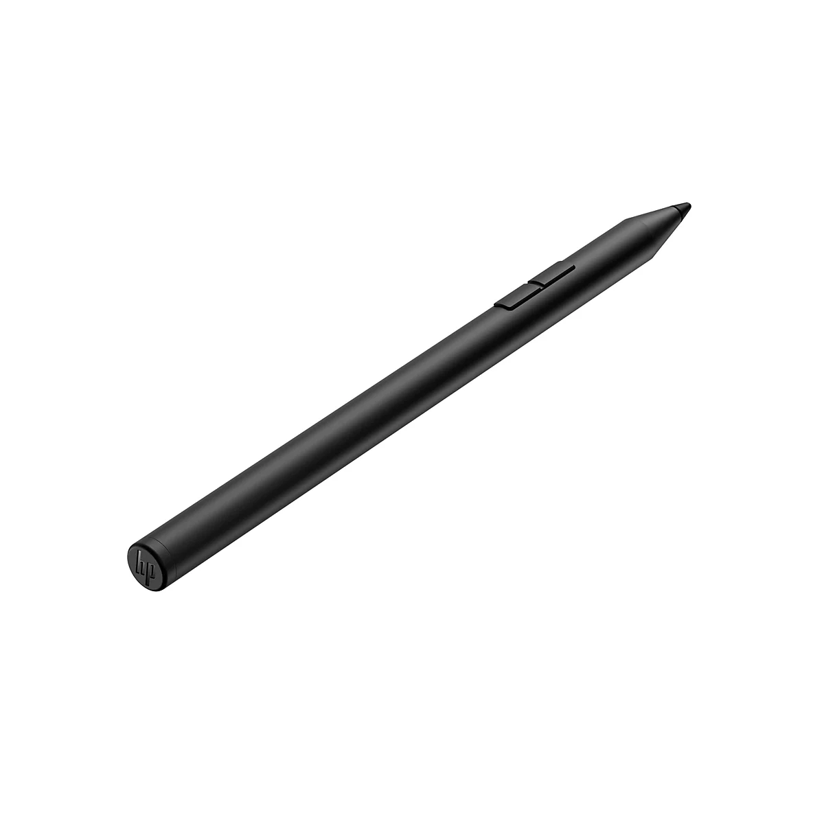 Schwarzer HP-Stift, schräg auf weißem Hintergrund. Der Stift hat zwei Knöpfe und ein HP-Logo.
