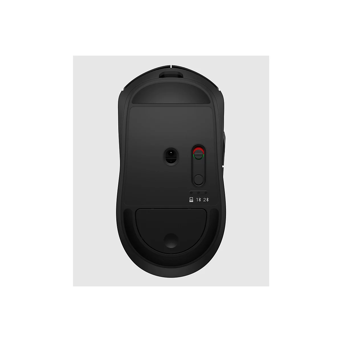 Draufsicht auf eine schwarze Computermaus. Auf der Unterseite befinden sich eine runde Öffnung, ein Schalter mit roter und grüner Markierung und drei kleine Symbole.