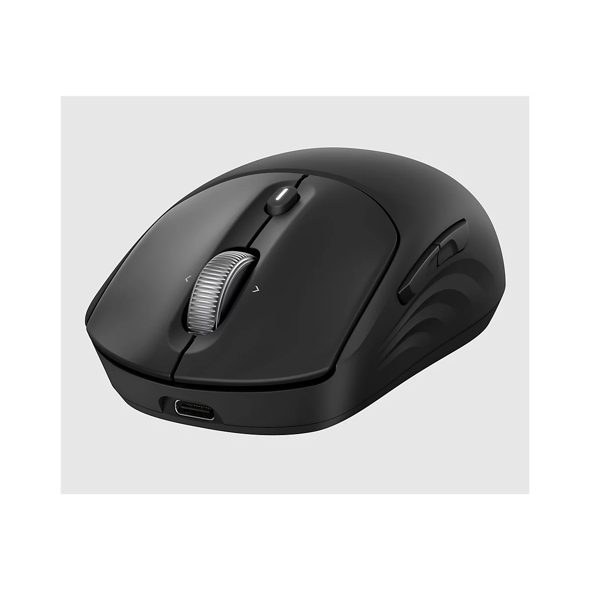 Schwarze, ergonomische Computermaus, beleuchtetes Scrollrad, Zusatztasten, USB-C-Anschluss, weißer Hintergrund.