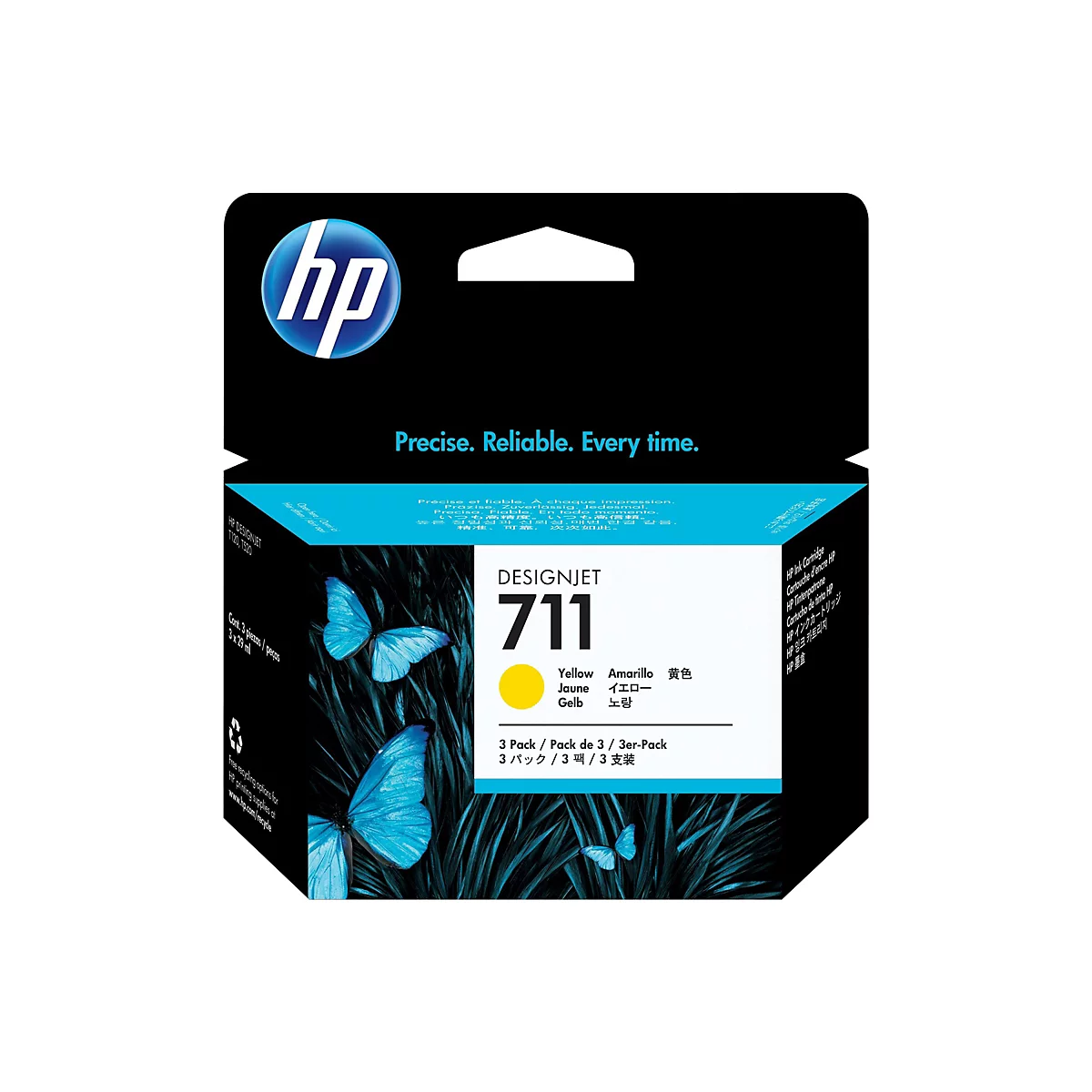 Une cartouche d'encre HP Designjet 711 dans un emballage noir, avec le logo HP et les mots "Precise. Reliable. Every time." sont imprimés. Des papillons bleus sont représentés.