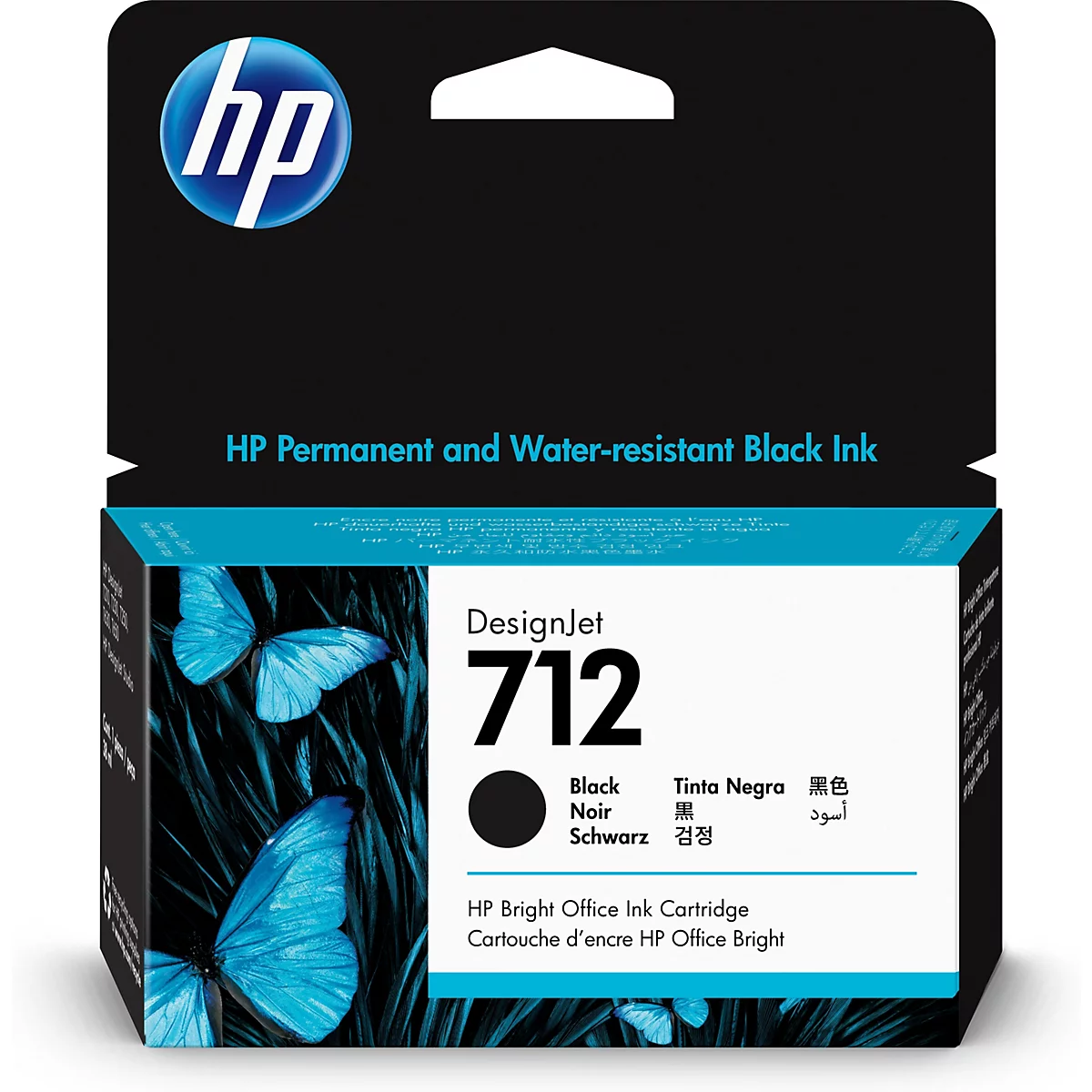 Eine HP DesignJet 712 Tintenpatrone. Auf der Verpackung befindet sich das HP-Logo, der Schriftzug DesignJet, die Nummer 712 sowie die Bezeichnung für schwarze Tinte in mehreren Sprachen und ein blaues Schmetterlingsmotiv.