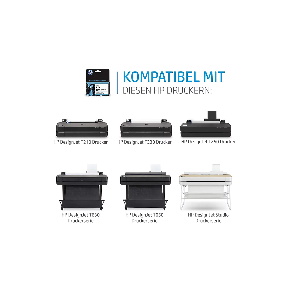 Das Bild zeigt eine blaue Tintenpatrone neben sechs HP-Druckern. Der Text sagt: "KOMPATIBEL MIT DIESEN HP-DRUCKERN".