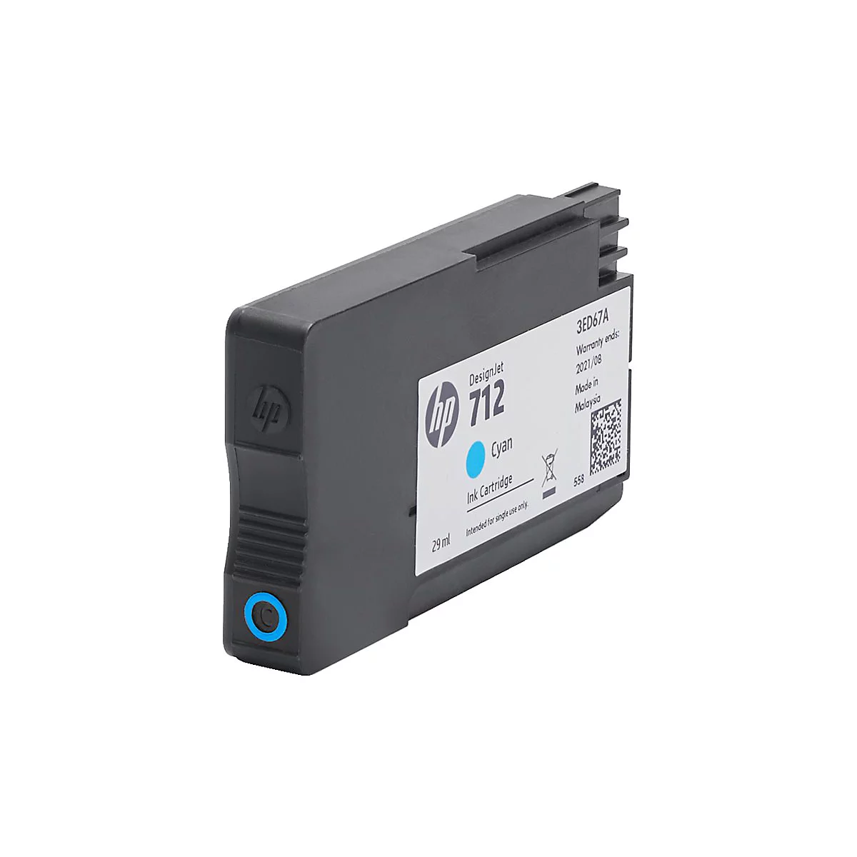 Schwarze HP DesignJet 712 Tintenpatrone mit Cyan-Tinte. Aufschrift: "Cyan", "Ink Cartridge", "29 ml", "Made in Malaysia".