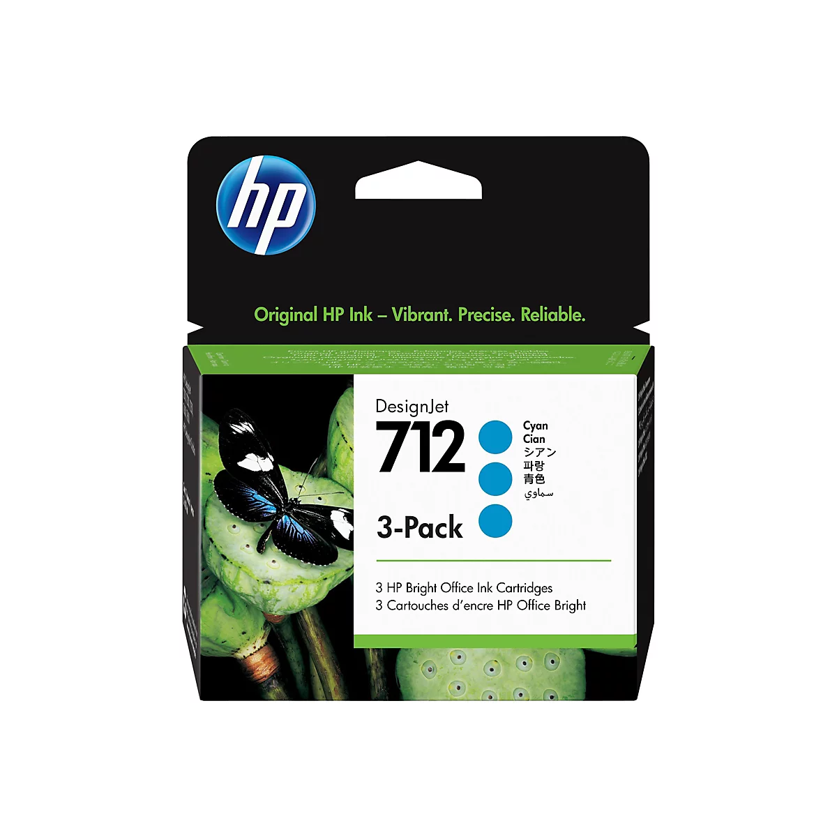 Eine HP DesignJet 712 Tintenpatronen-Verpackung. Auf der Verpackung befindet sich das HP Logo und die Aufschrift "Original HP Ink". Aufgedruckt sind "Cyan" in mehreren Sprachen und eine Abbildung eines Schmetterlings auf einer grünen Pflanze.