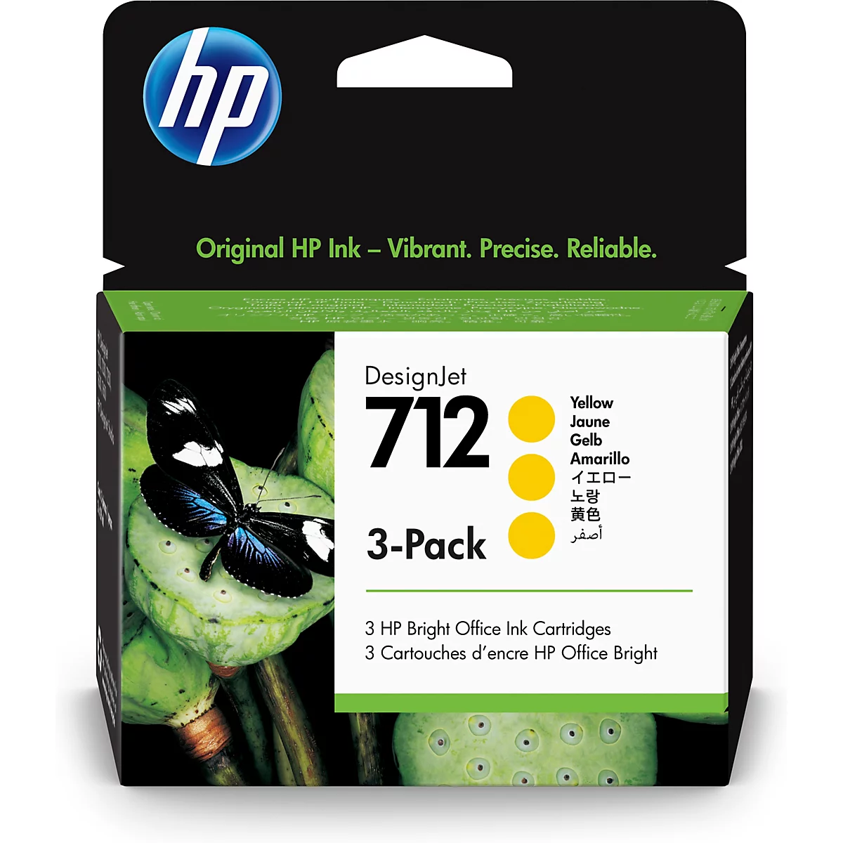HP Tintenpatronen-Packung. Aufdruck: DesignJet 712, 3-Pack, mit gelben Kreisen und Text. Ein Schmetterling mit blauschwarzen Flügeln vor einem grünen Hintergrund.