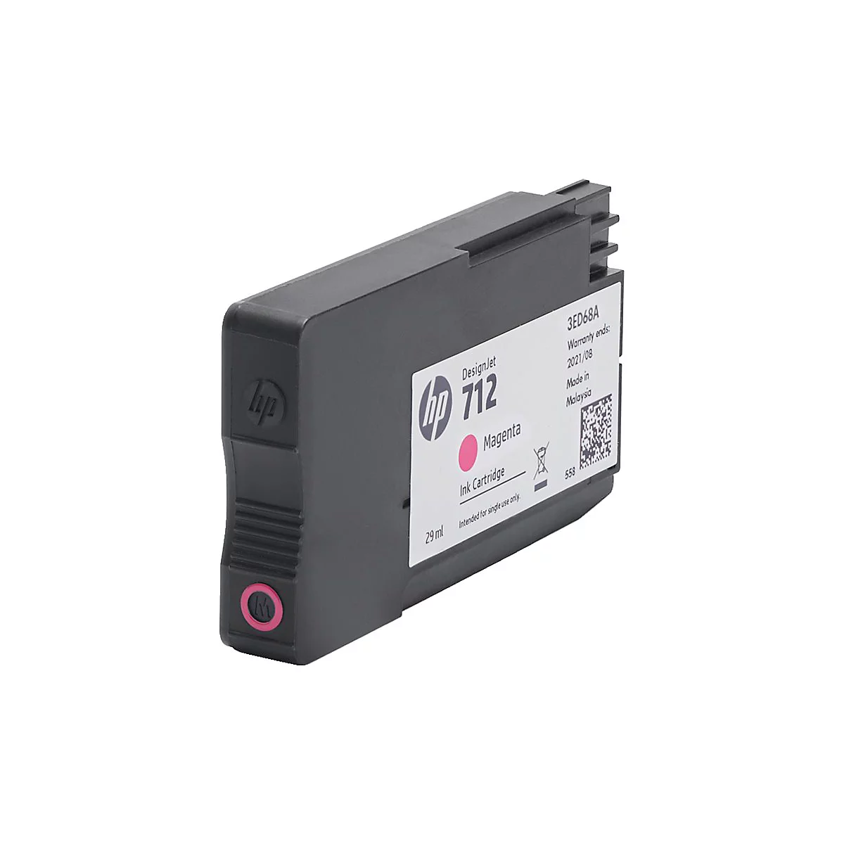 Eine magenta Tintenpatrone der Marke HP. Beschriftung: DesignJet 712, Magenta Ink Cartridge, 29 ml.